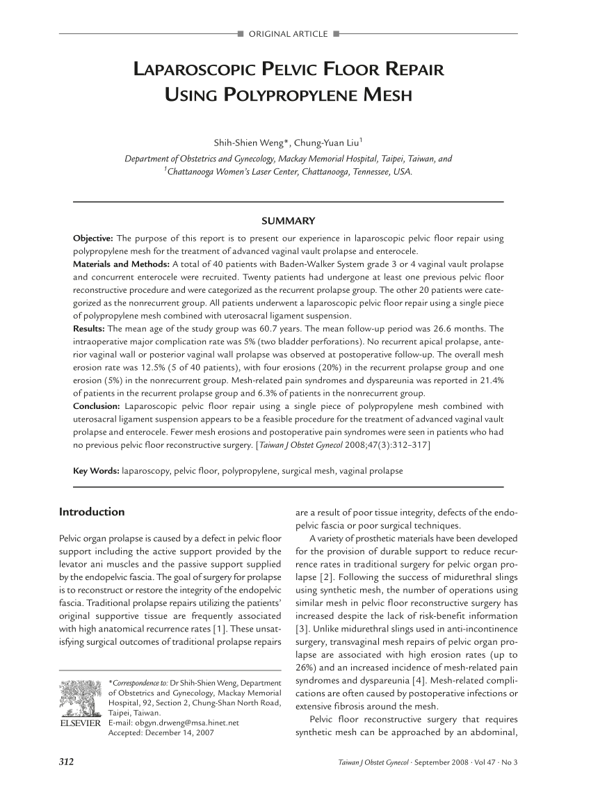 Pdf Laparoscopic Pelvic Floor Repair Using Polypropylene Mesh