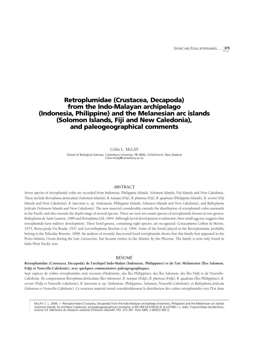 Pdf Retroplumidae Crustacea Decapoda From The Indo Malayan Archipelago Indonesia Philippine And The Melanesian Arc Islands Solomon Islands Fiji And New Caledonia And Paleogeographical Comments