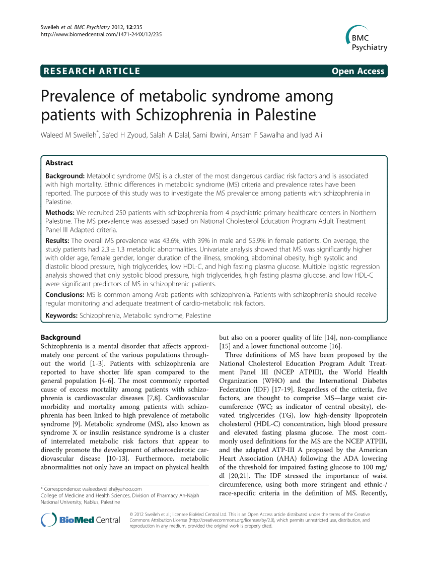 Pdf Prevalence Of Metabolic Syndrome Among Patients With Schizophrenia In Palestine