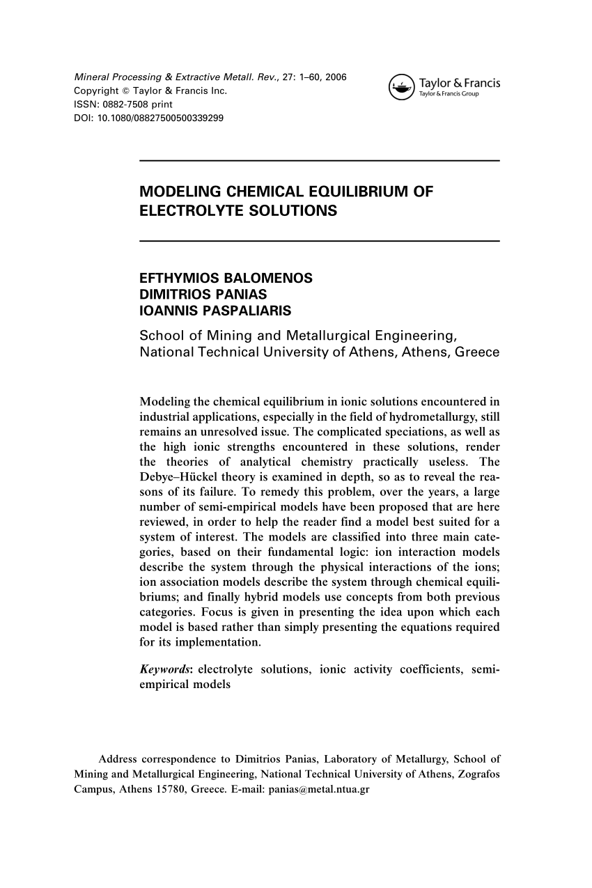 Pdf Modeling Chemical Equilibrium Of Electrolyte Solutions