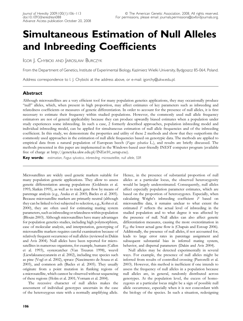 Pdf Simultaneous Estimation Of Null Alleles And Inbreeding Coefficients