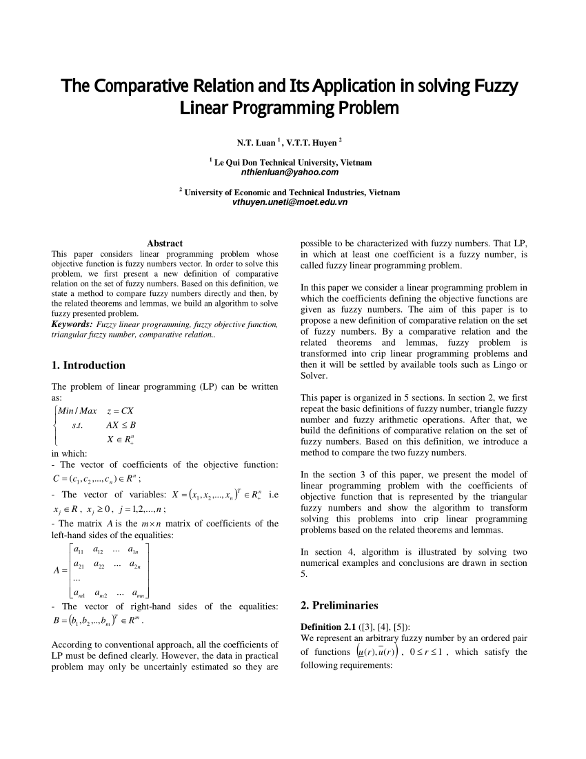 Pdf The Comparative Relation And Its Application In Solving Fuzzy Linear Programming Problem