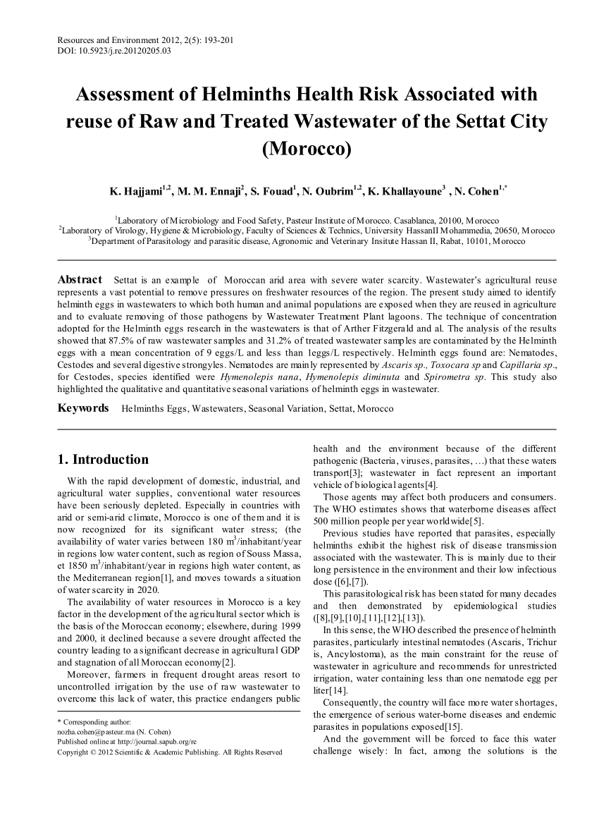 Pdf Assessment Of Helminths Health Risk Associated With Reuse Of Raw And Treated Wastewater Of The Settat City Morocco