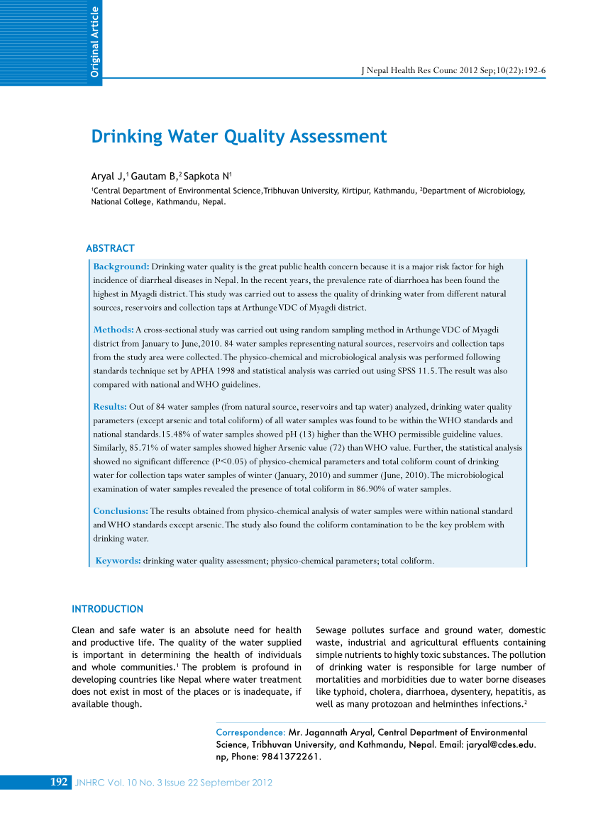 drinking water quality research papers