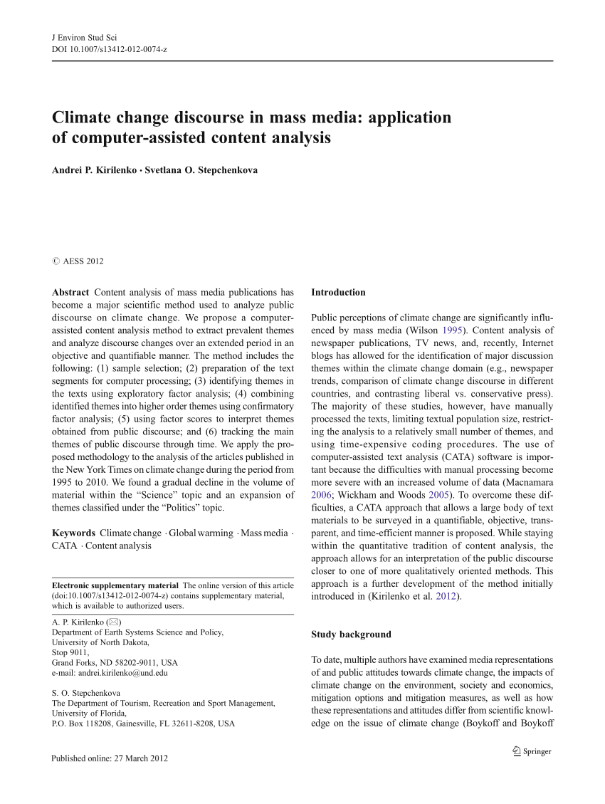 Pdf Climate Change Discourse In Mass Media Application Of Computer Assisted Content Analysis
