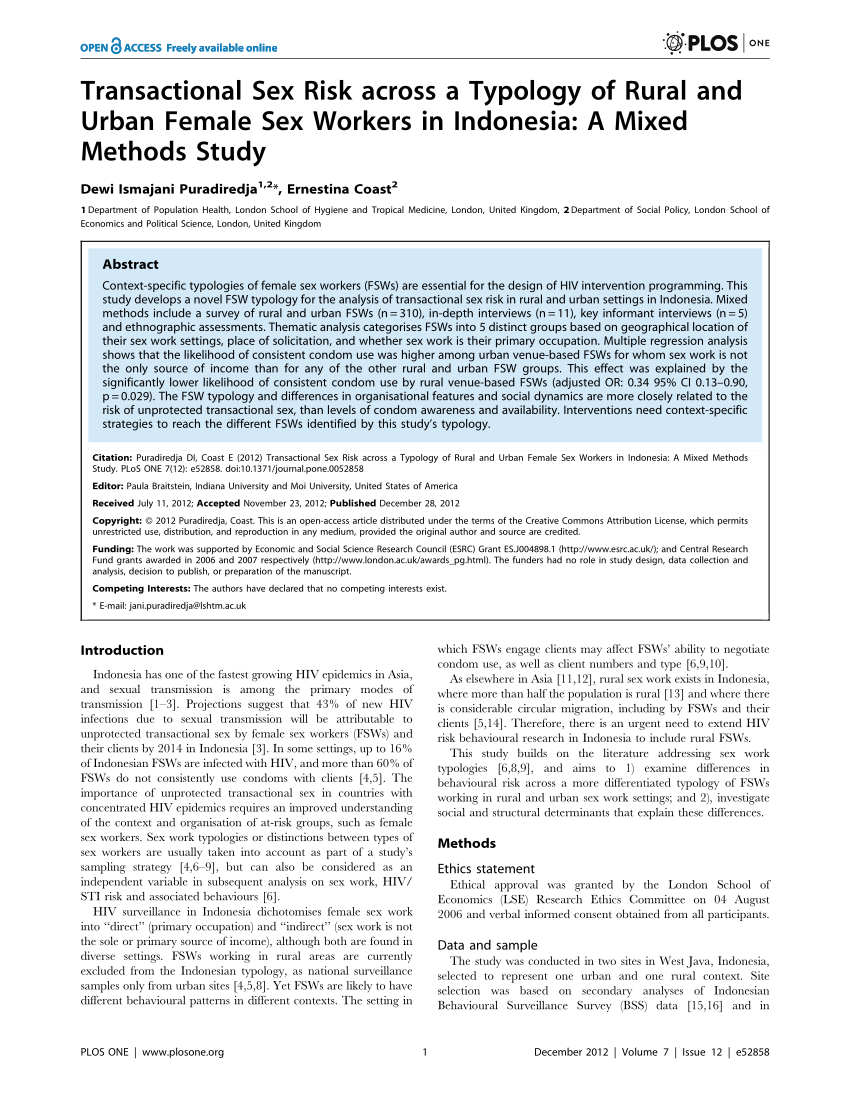 PDF) Transactional Sex Risk across a Typology of Rural and Urban Female Sex  Workers in Indonesia: A Mixed Methods Study