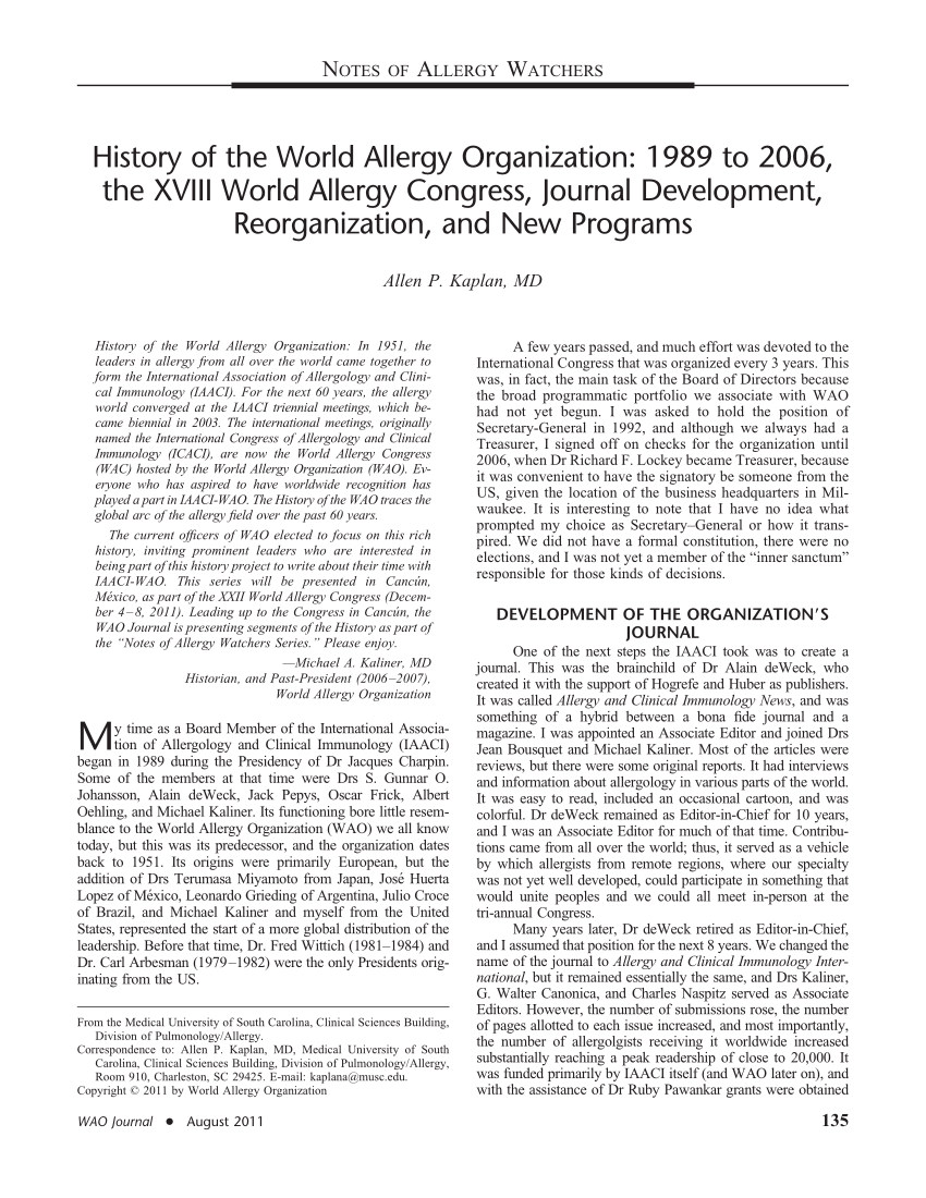 (PDF) History of the World Allergy Organization 1989 to 2006, the