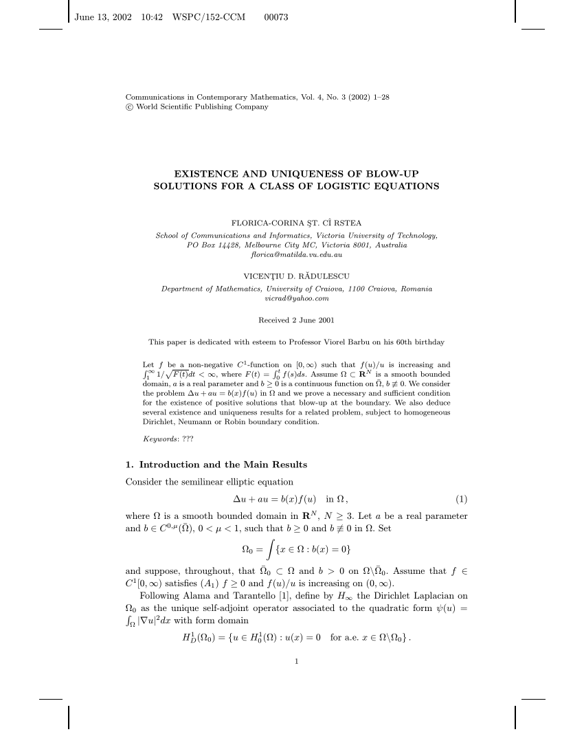 Pdf Existence And Uniqueness Of Blow Up Solutions For A Class Of Logistic Equations