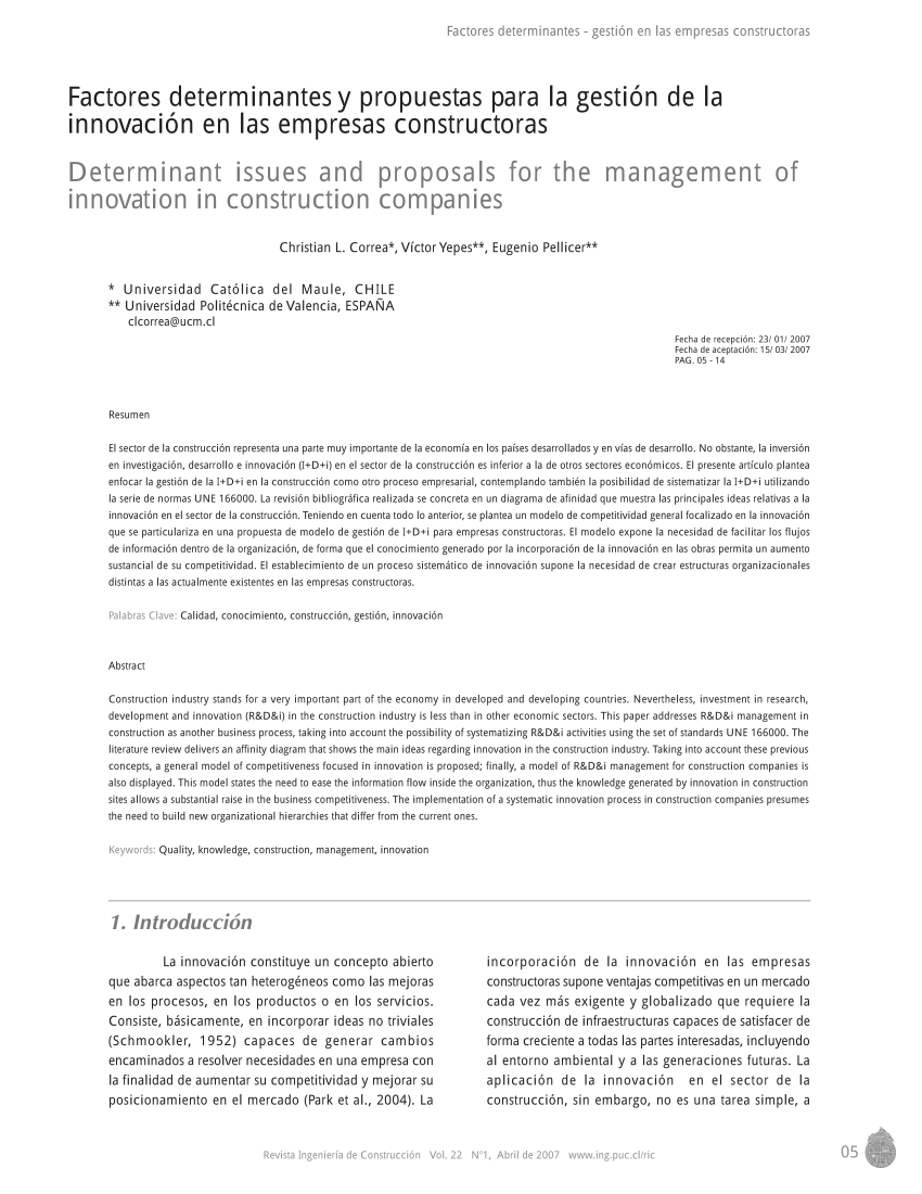 Pdf Factores Determinantes Y Propuestas Para La Gestion De La Innovacion En Las Empresas Constructoras