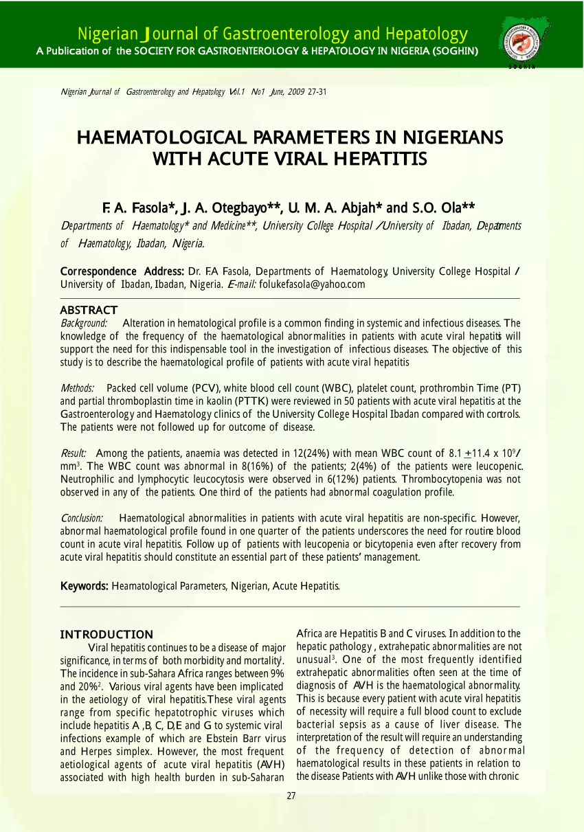 Pdf Haematological Parameters In Nigerians With Acute Viral Hepatitis