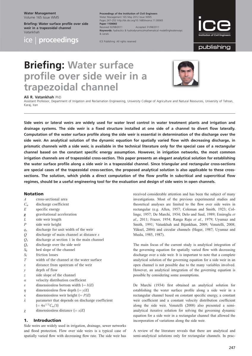 Pdf Briefing Water Surface Profile Over Side Weir In A Trapezoidal Channel