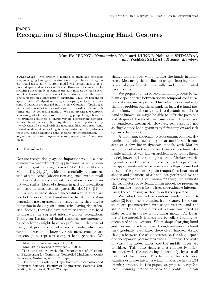Pdf Recognition Of Shape Changing Hand Gestures