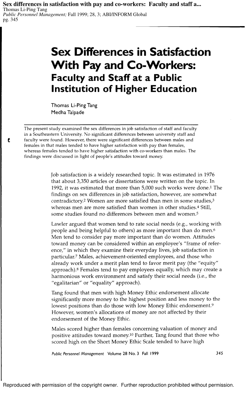 Pdf Sex Differences In Satisfaction With Pay And Co Workers Faculty