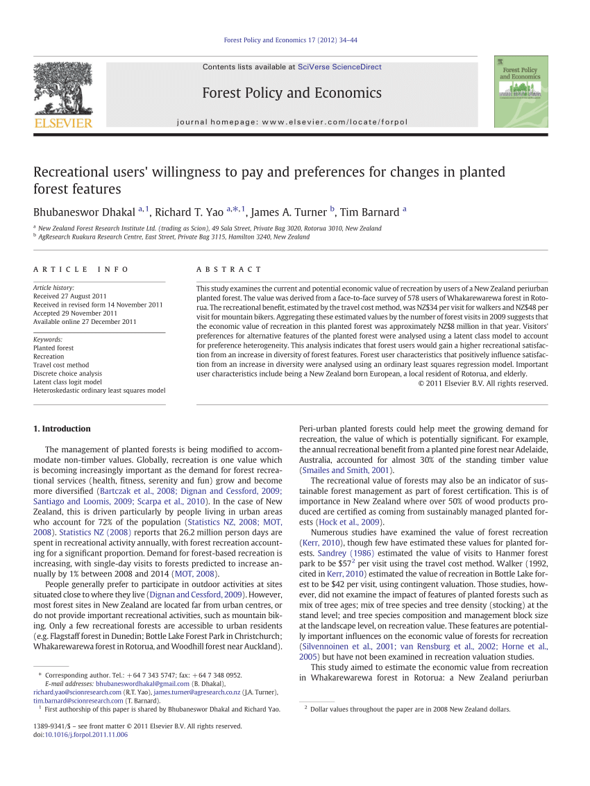 Pdf Dhakal B Yao R Turner J Barnard T 12 Recreational Users Willingness To Pay And Preferences For Changes In Planted Forest Features Forest Policy And Economics 17 34 44