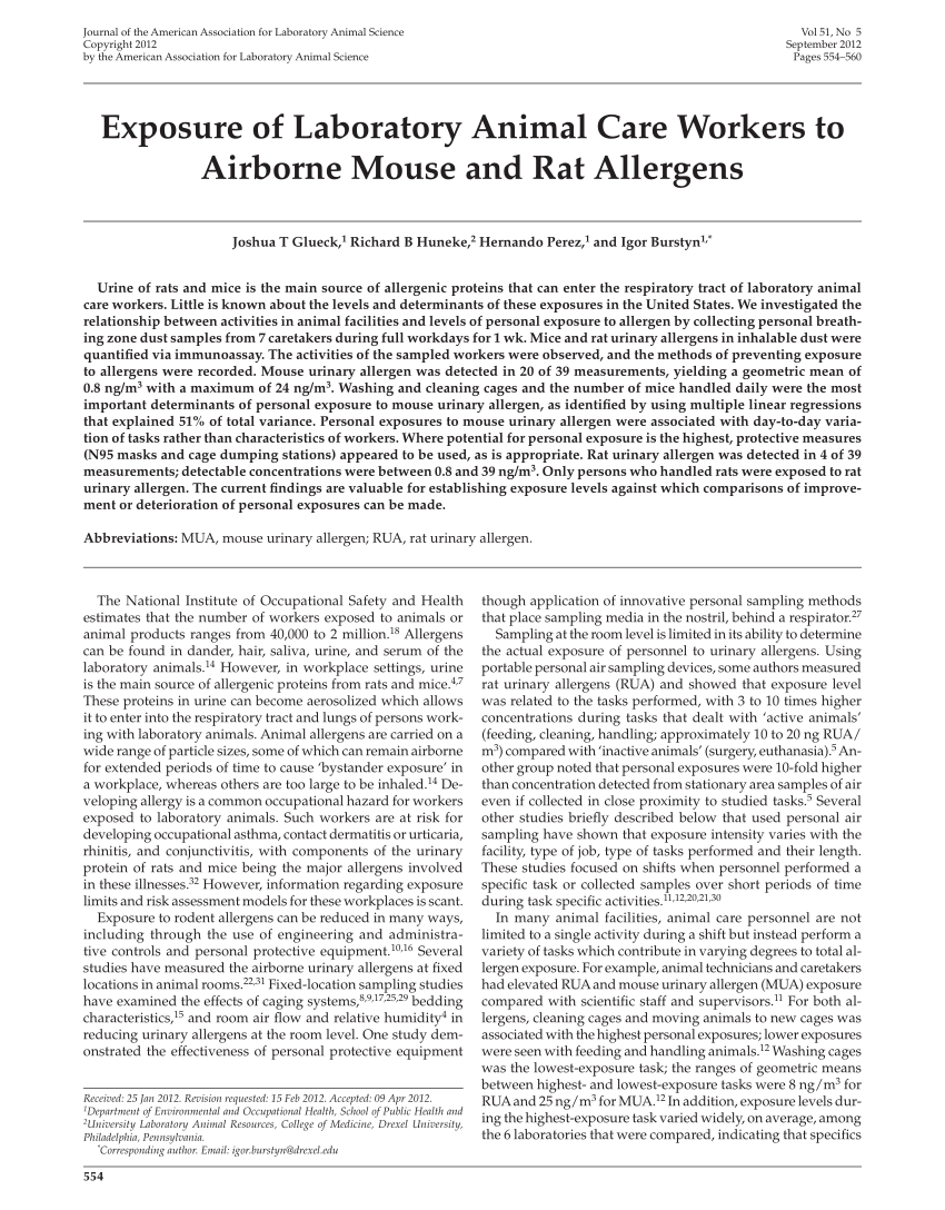 PDF) Exposure of Laboratory Animal Care Workers to Airborne Mouse and Rat  Allergens