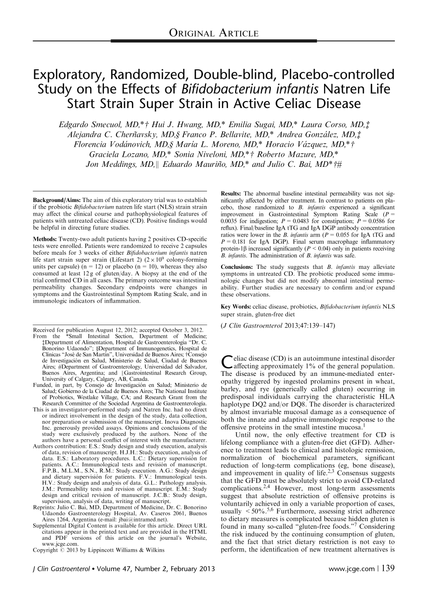 Exploratory, Randomized, Double-blind, Placebo-controlled Study on the Effects of Bifidobacterium infantis Natren Life Start Strain Super Strain in Active Celiac Disease (PDF Download Available)