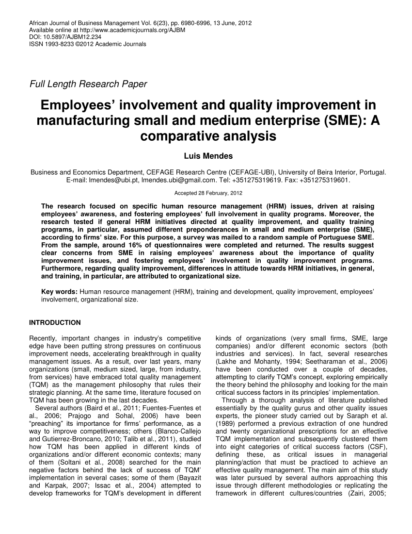 Pdf) Employees' Involvement And Quality Improvement In Manufacturing Small  And Medium Enterprise (Sme): A Comparative Analysis