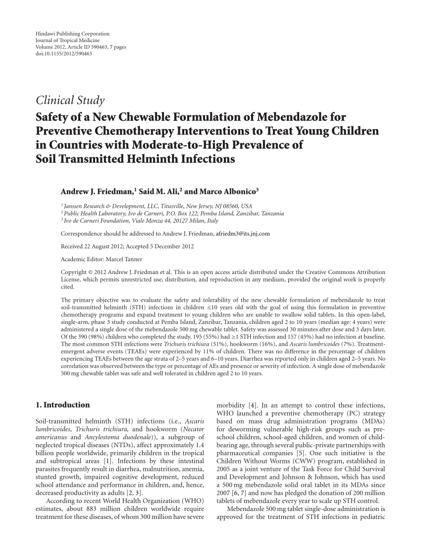 melodisk passe Flad PDF) Safety of a New Chewable Formulation of Mebendazole for Preventive  Chemotherapy Interventions to Treat Young Children in Countries with  Moderate-to-High Prevalence of Soil Transmitted Helminth Infections