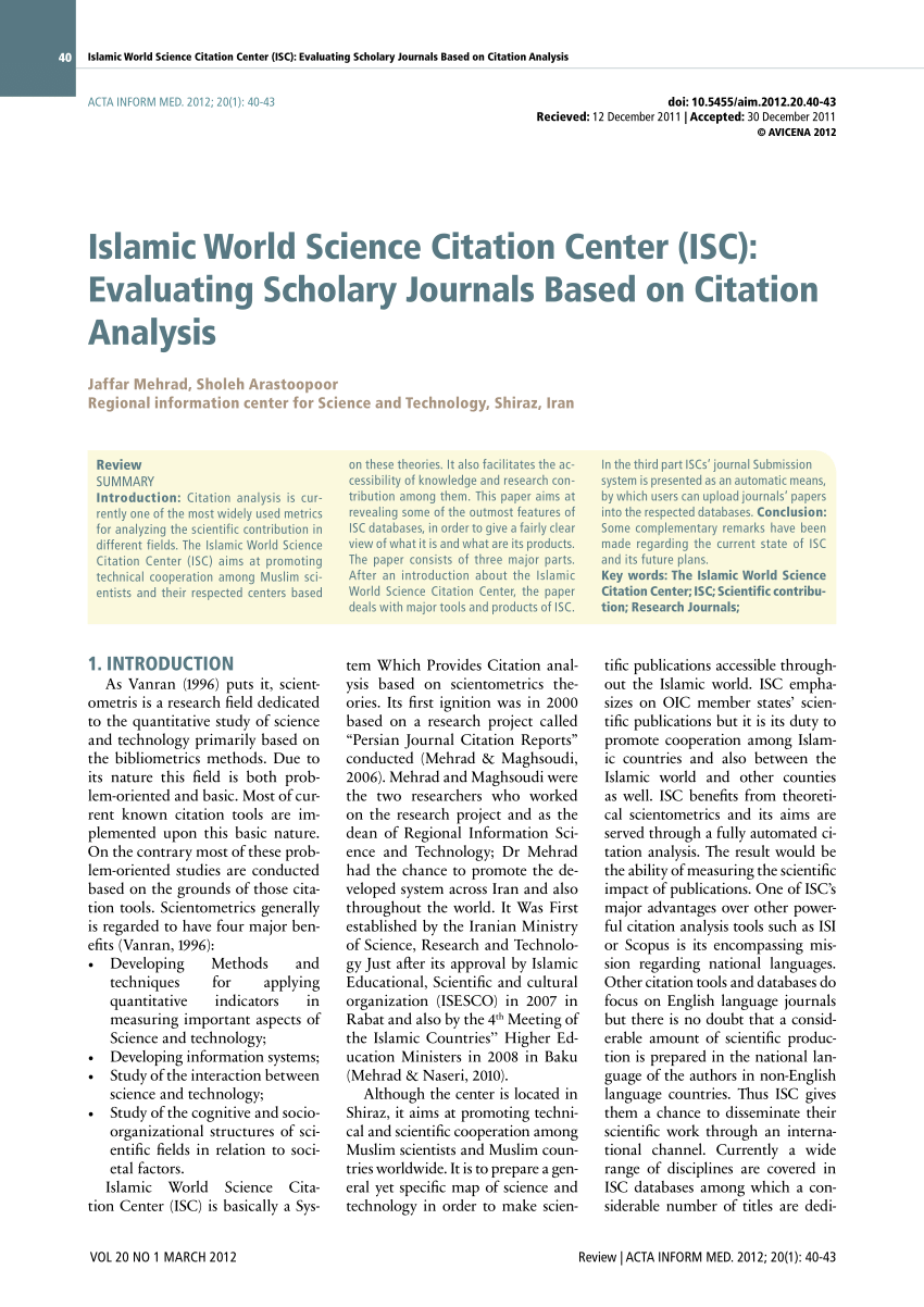 Pdf Islamic World Science Citation Center Isc Evaluating Scholary Journals Based On Citation Analysis