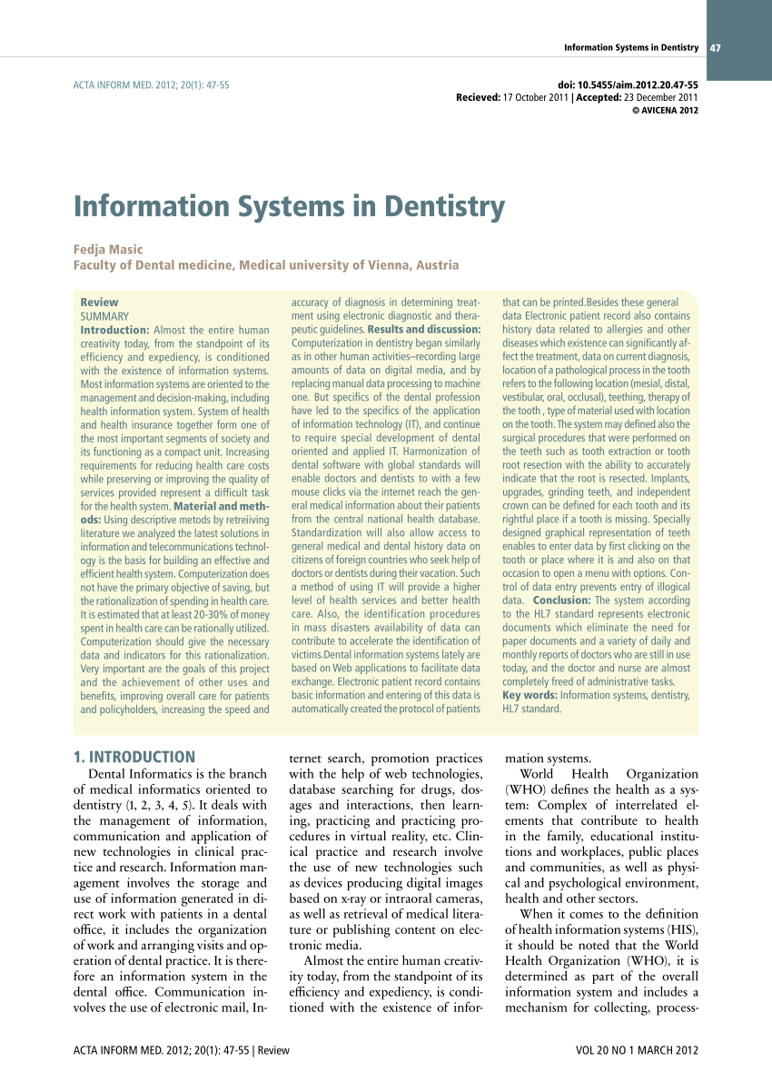 Pdf Information Systems In Dentistry