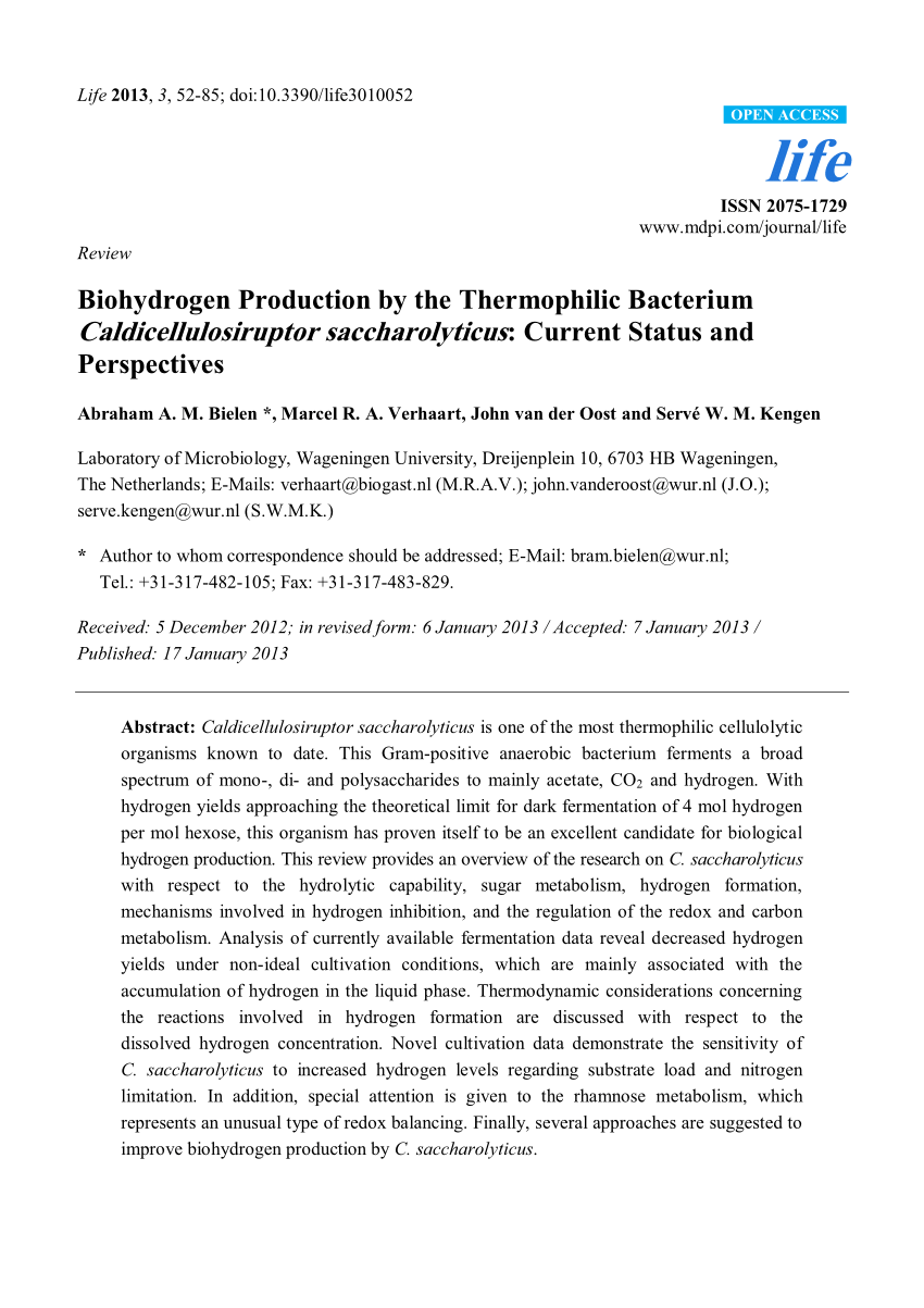 Pdf Biohydrogen Production By The Thermophilic Bacterium Caldicellulosiruptor Saccharolyticus Current Status And Perspectives