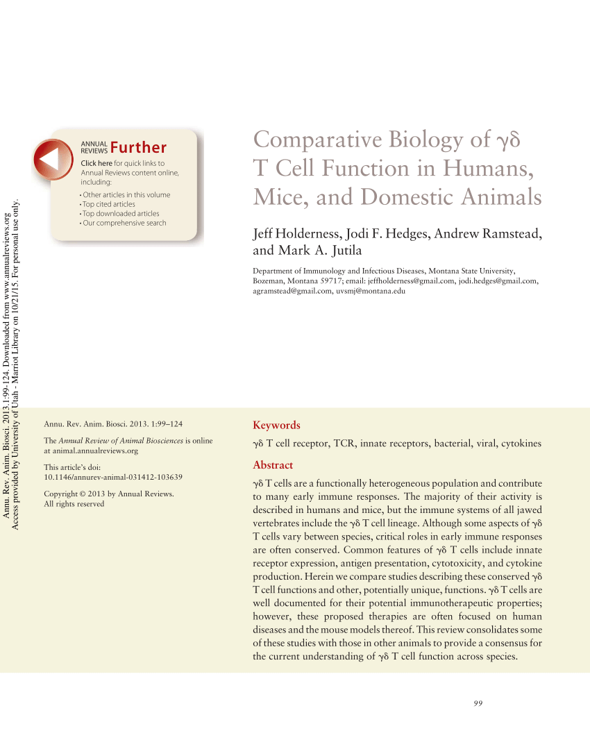 Pdf Comparative Biology Of Gamma Delta T Cell Function In Humans Mice And Domestic Animals