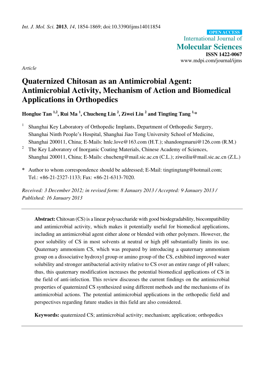 Pdf Quaternized Chitosan As An Antimicrobial Agent Antimicrobial Activity Mechanism Of Action And Biomedical Applications In Orthopedics