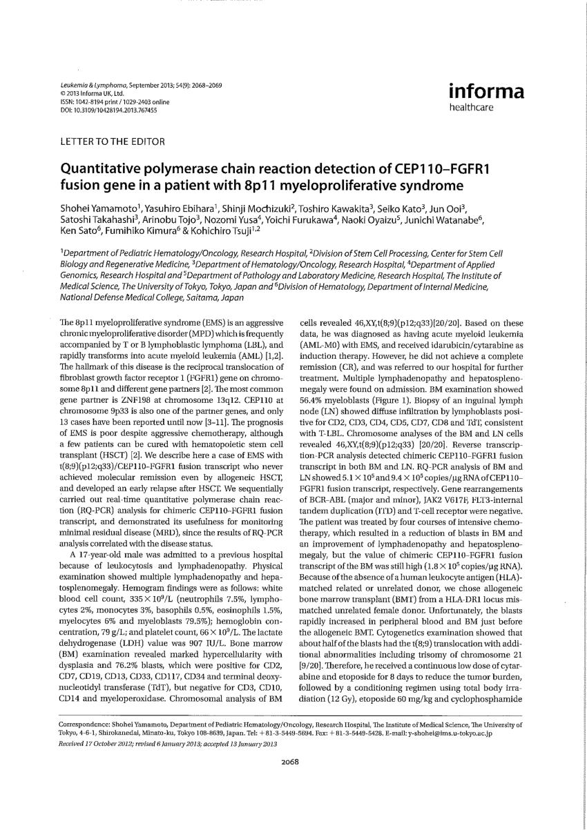 Pdf Letter To The Editor Quantitative Pcr Detection Of Cep110 Fgfr1 Fusion Gene In A Patient 