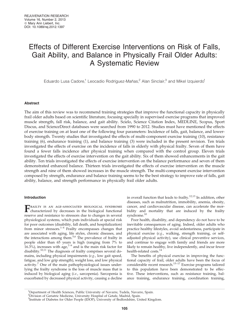 Pdf Effects Of Different Exercise Interventions On Risk Of Falls Gait Ability And Balance In Physically Frail Older Adults A Systematic Review