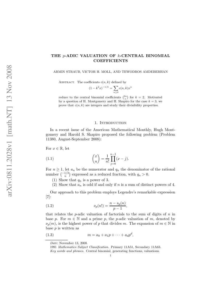 Pdf The P Adic Valuation Of K Central Binomial Coefficients