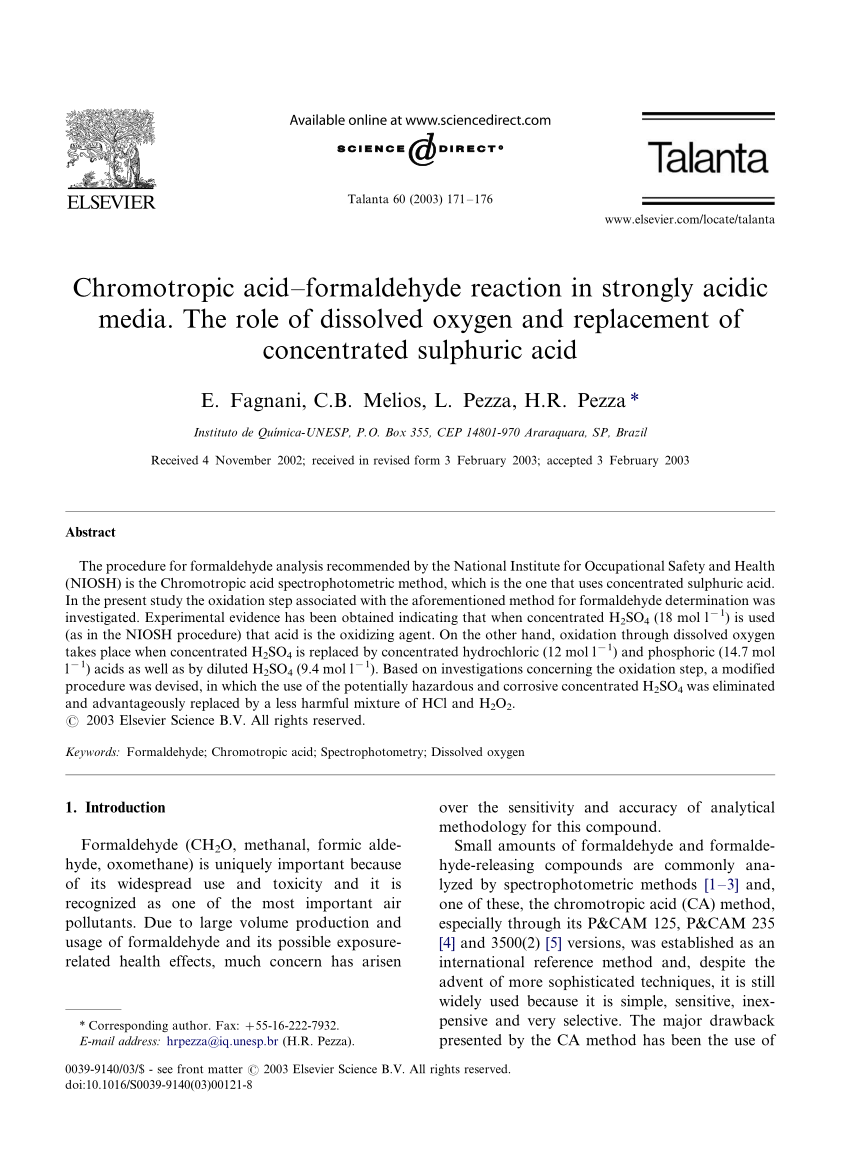 Pdf Chromotropic Acid Formaldehyde Reaction In Strongly Acidic Media The Role Of Dissolved Oxygen And Replacement Of Concentrated Sulphuric Acid