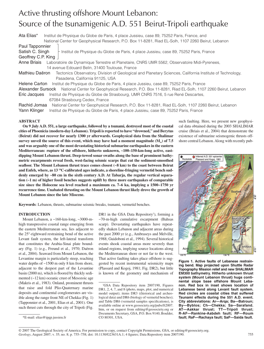 Pdf Active Thrusting Offshore Mount Lebanon Source Of The Tsunamigenic A D 551 Beirut Tripoli Earthquake