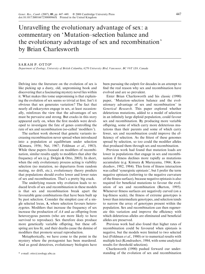 Pdf Unravelling The Evolutionary Advantage Of Sex A Commentary On Mutation Selection Balance
