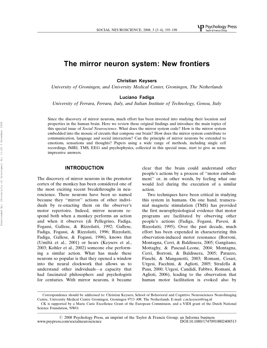 Pdf The Mirror Neuron System New Frontiers