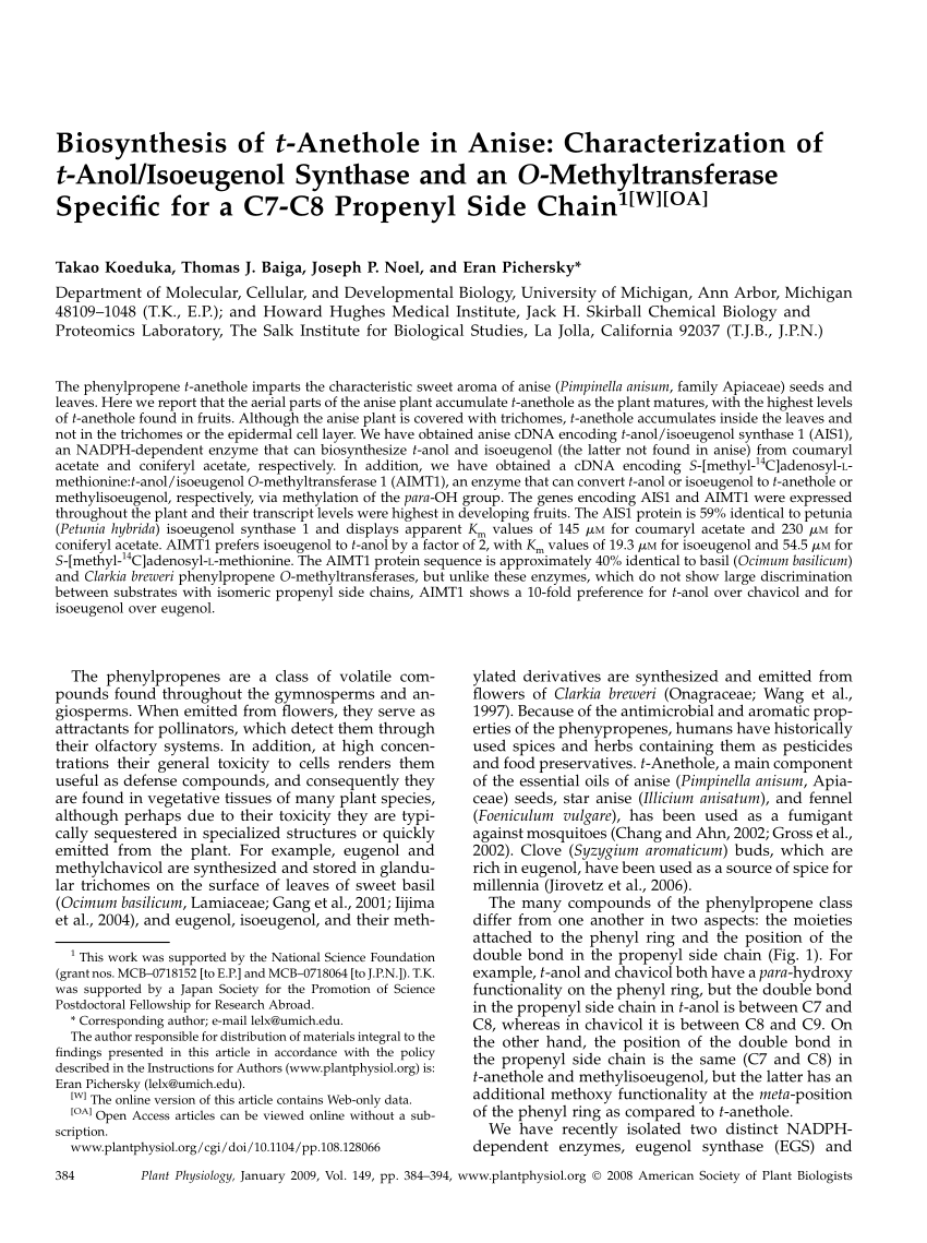 Pdf Biosynthesis Of T Anethole In Anise Characterization Of T Anol Isoeugenol Synthase And An O Methyltransferase Specific For A C7 C8 Propenyl Side Chain