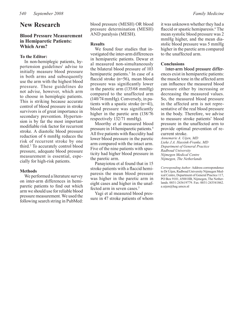 blood pressure on paralyzed arm