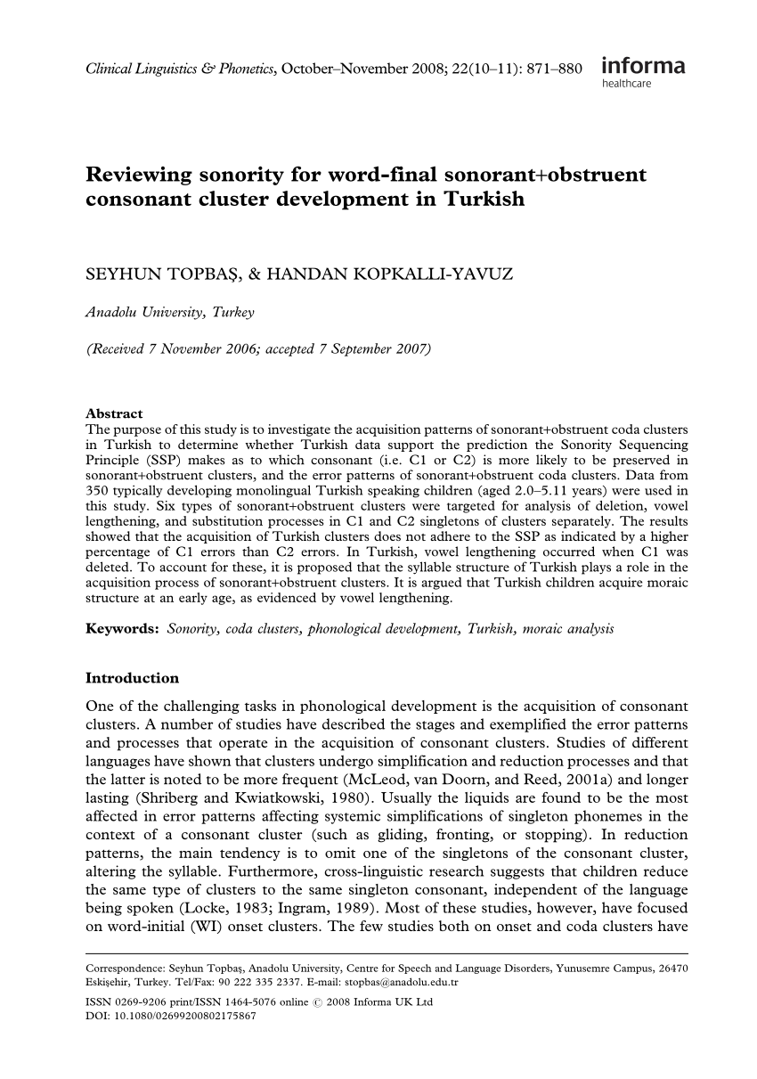 PDF) Reviewing sonority for word‐final sonorant+obstruent consonant cluster development in Turkish