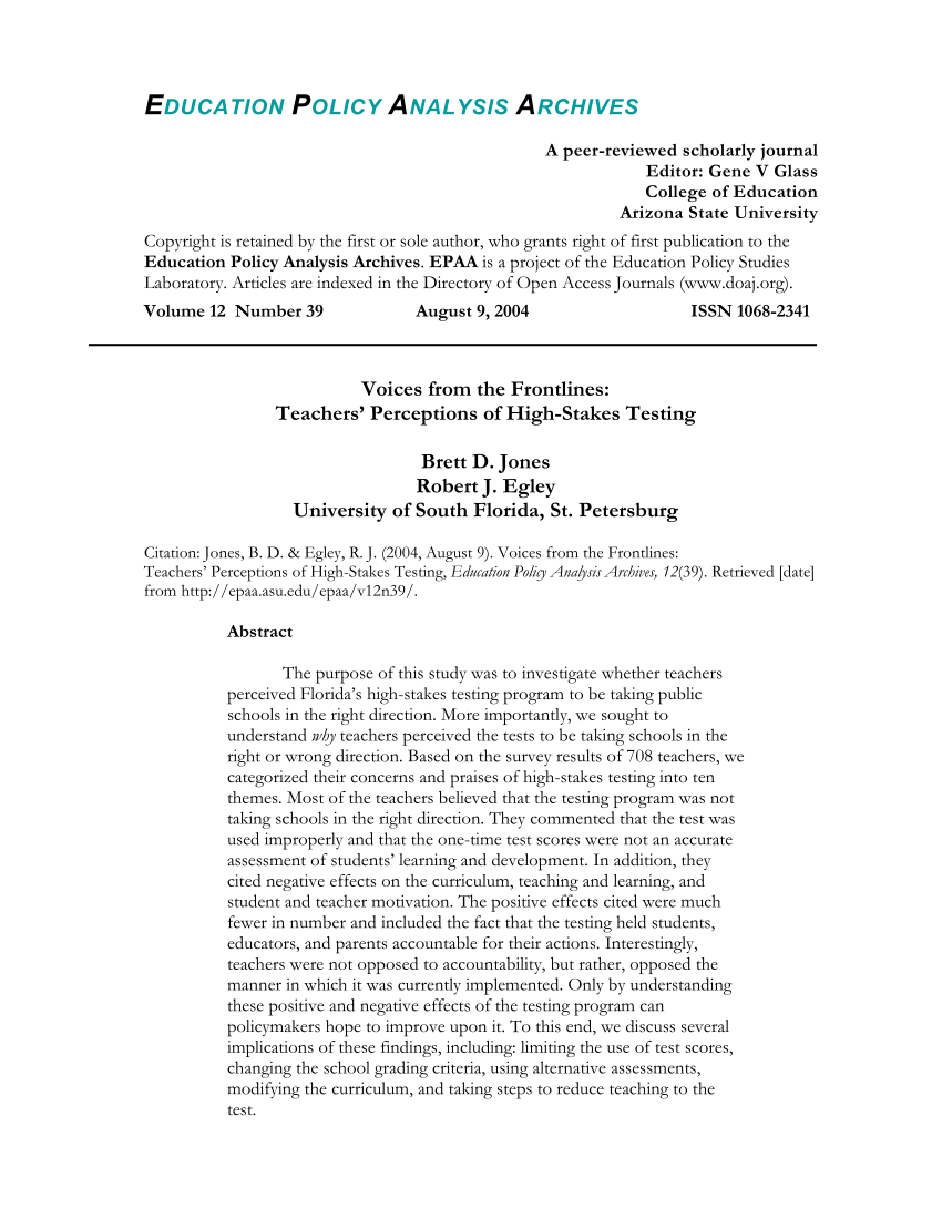 Pdf Voices From The Frontlines Teachers Perceptions Of High Stakes Testing