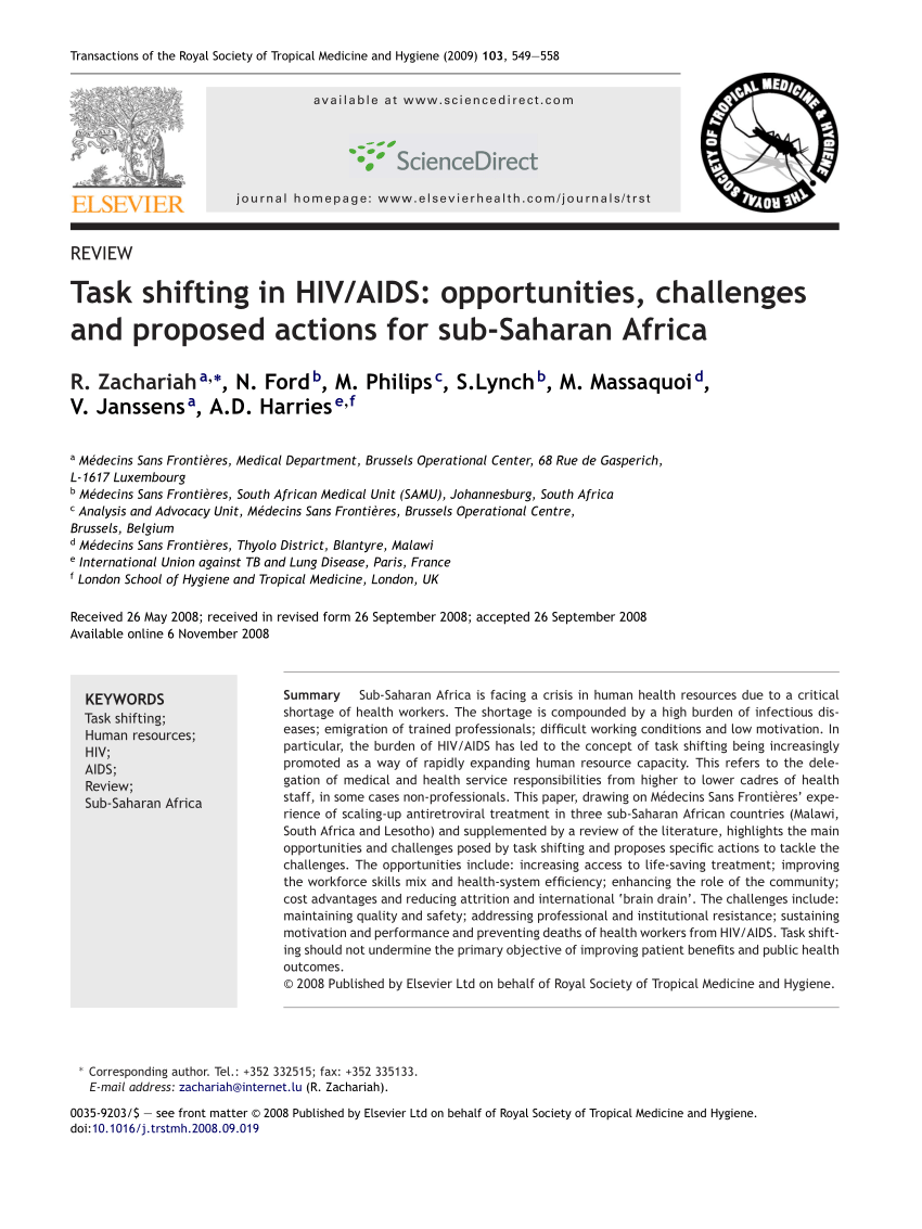 Pdf Task Shifting In Hiv Aids Opportunities Challenges And Proposed Actions For Sub Saharan Africa
