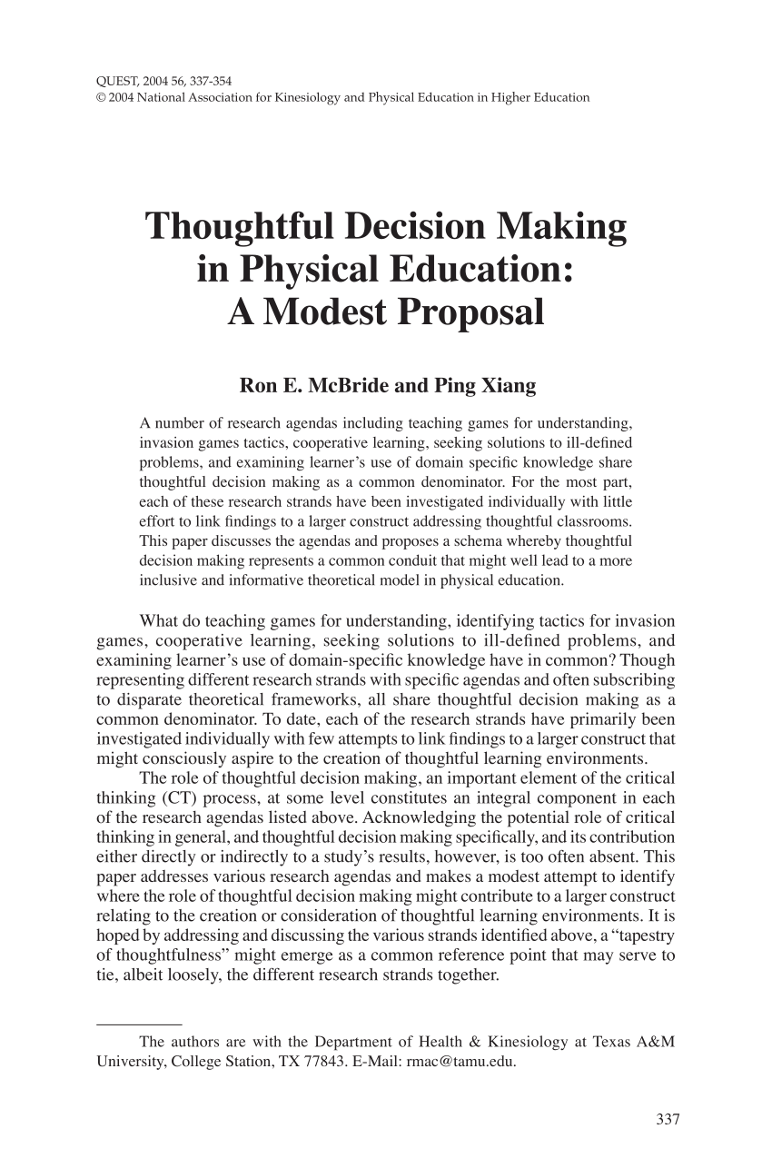 Pdf Thoughtful Decision Making In Physical Education A Modest