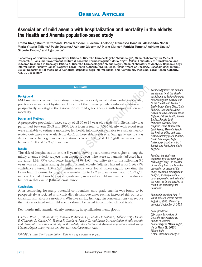 Pdf Association Of Mild Anemia With Hospitalization And Mortality In The Elderly The Health 2380