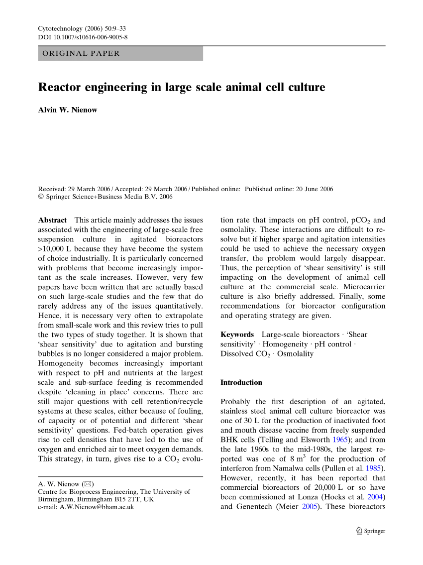 PDF) Reactor Engineering in Large Scale Animal Cell Culture
