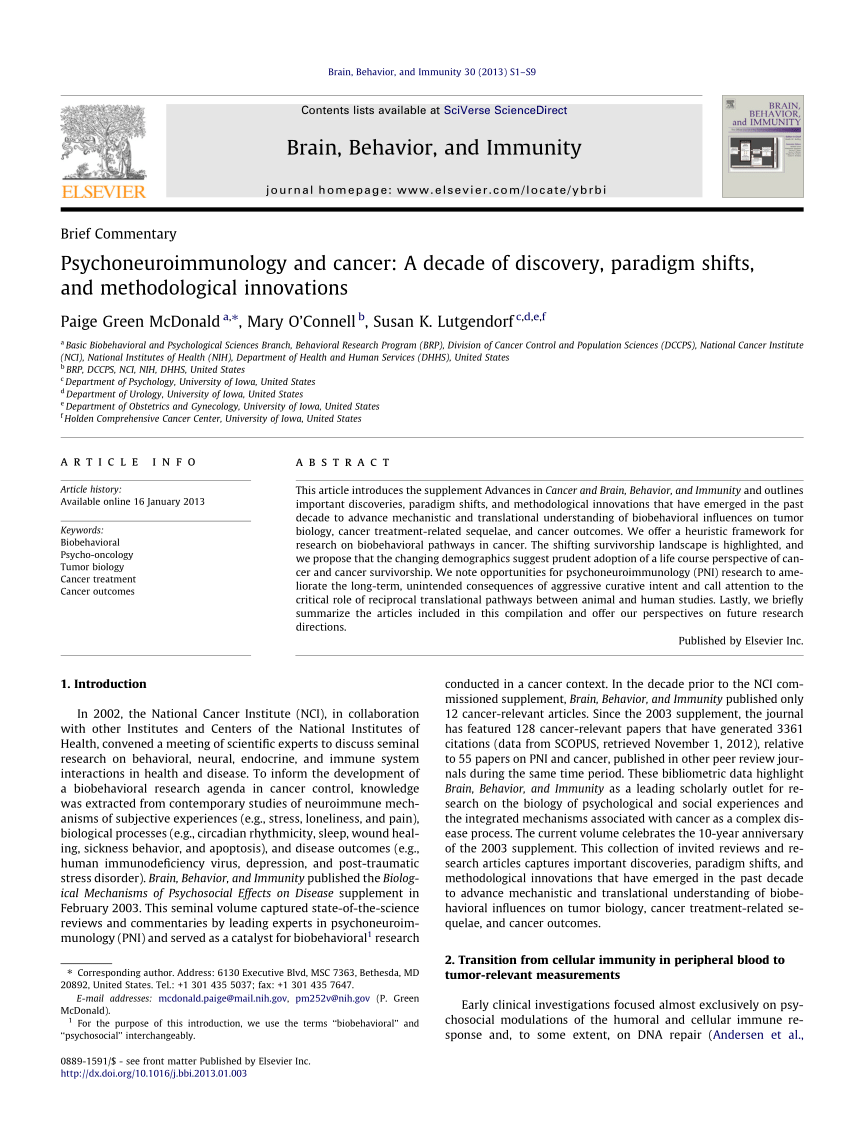 PDF) Psychoneuroimmunology and cancer: A decade of discovery, paradigm  shifts, and methodological innovations