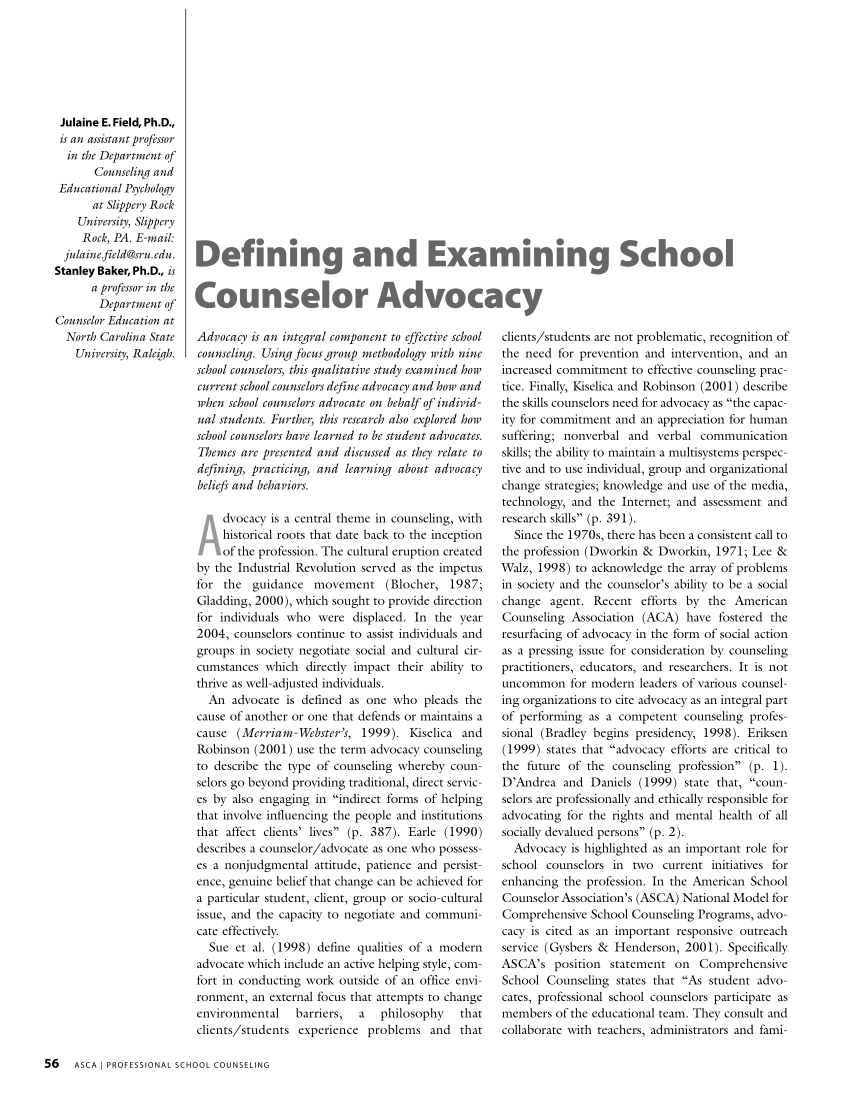 Pdf Defining And Examining School Counselor Advocacy