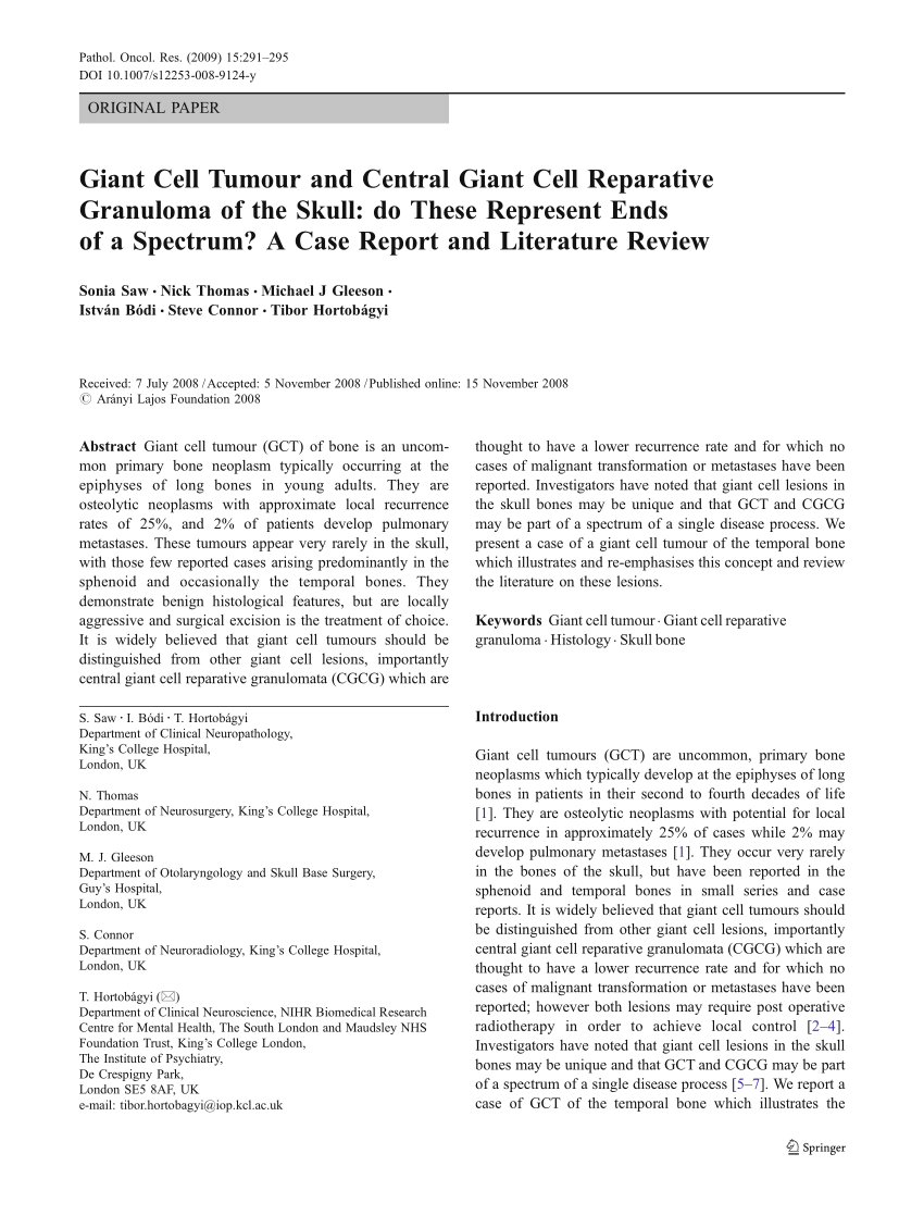 Pdf Giant Cell Tumour And Central Giant Cell Reparative Granuloma Of The Skull Do These 