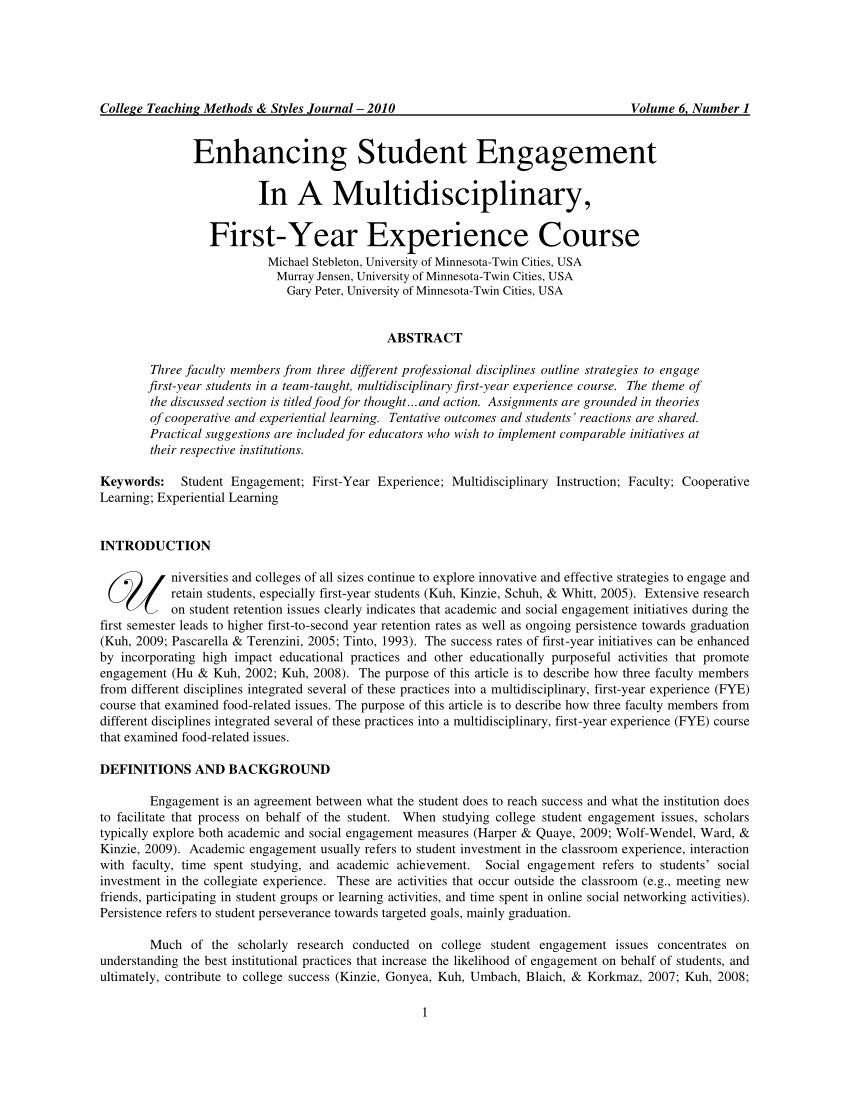 (PDF) Enhancing Student Engagement In A Multidisciplinary, FirstYear