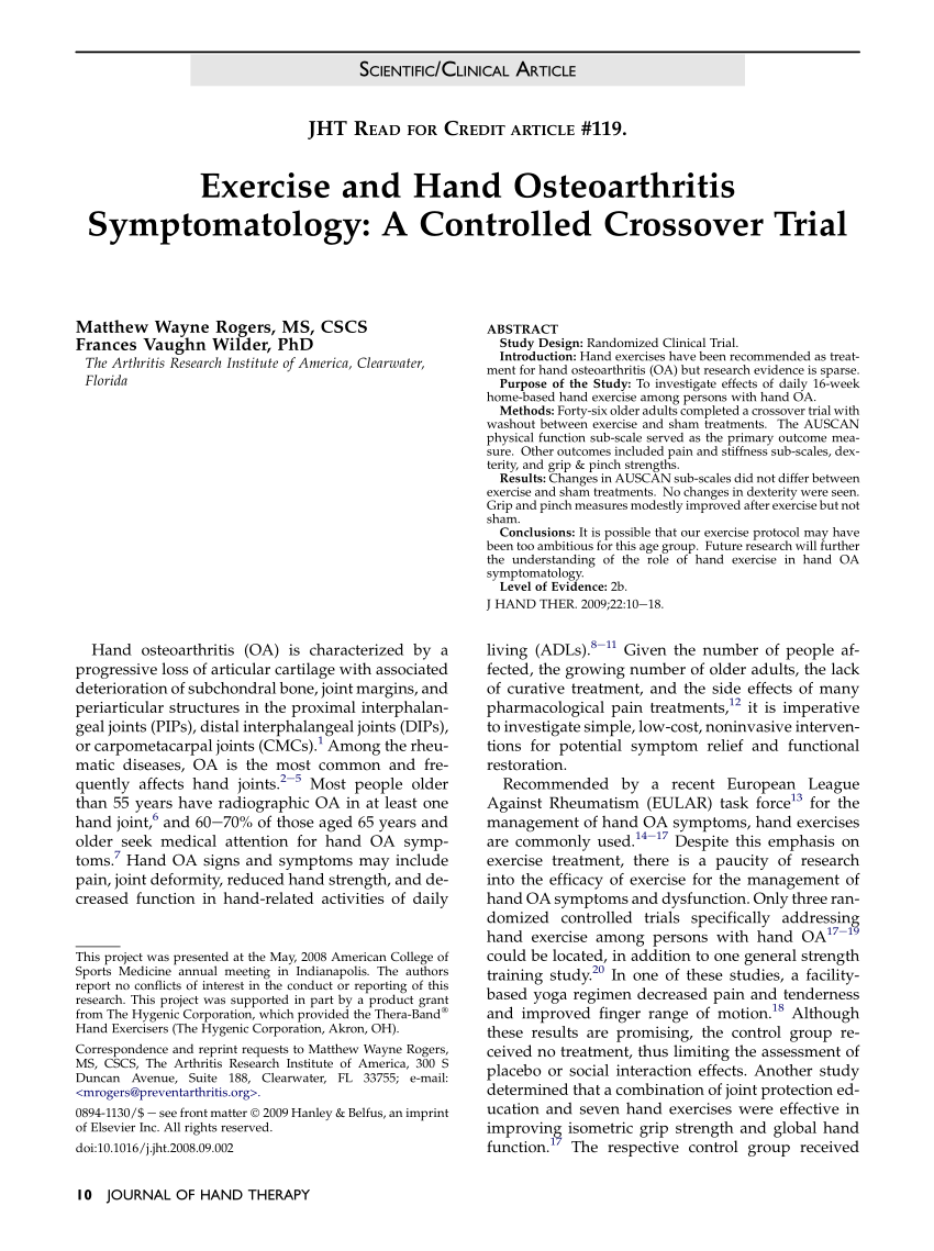 PDF) Exercise and Hand Osteoarthritis Symptomatology: A Controlled Trial
