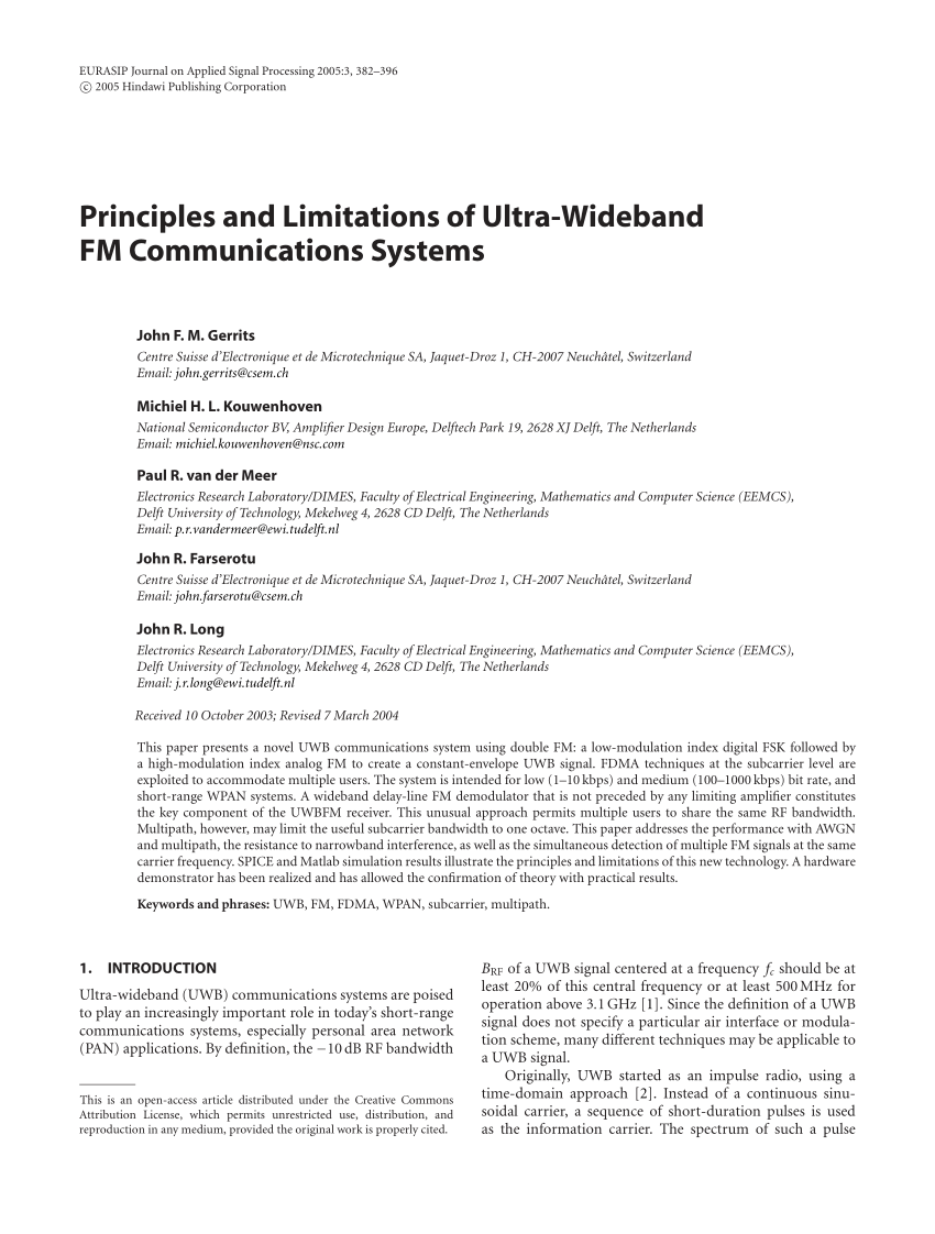 Pdf Principles And Limitations Of Ultra Wideband Fm Communications Systems