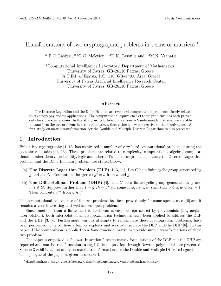 Pdf Transformations Of Two Cryptographic Problems In Terms Of Matrices