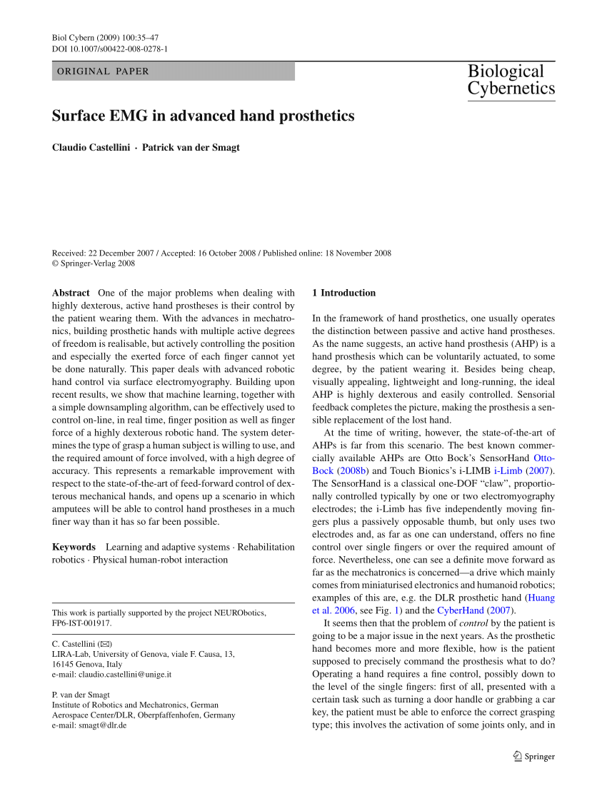 Pdf Surface Emg In Advanced Hand Prosthetics - 